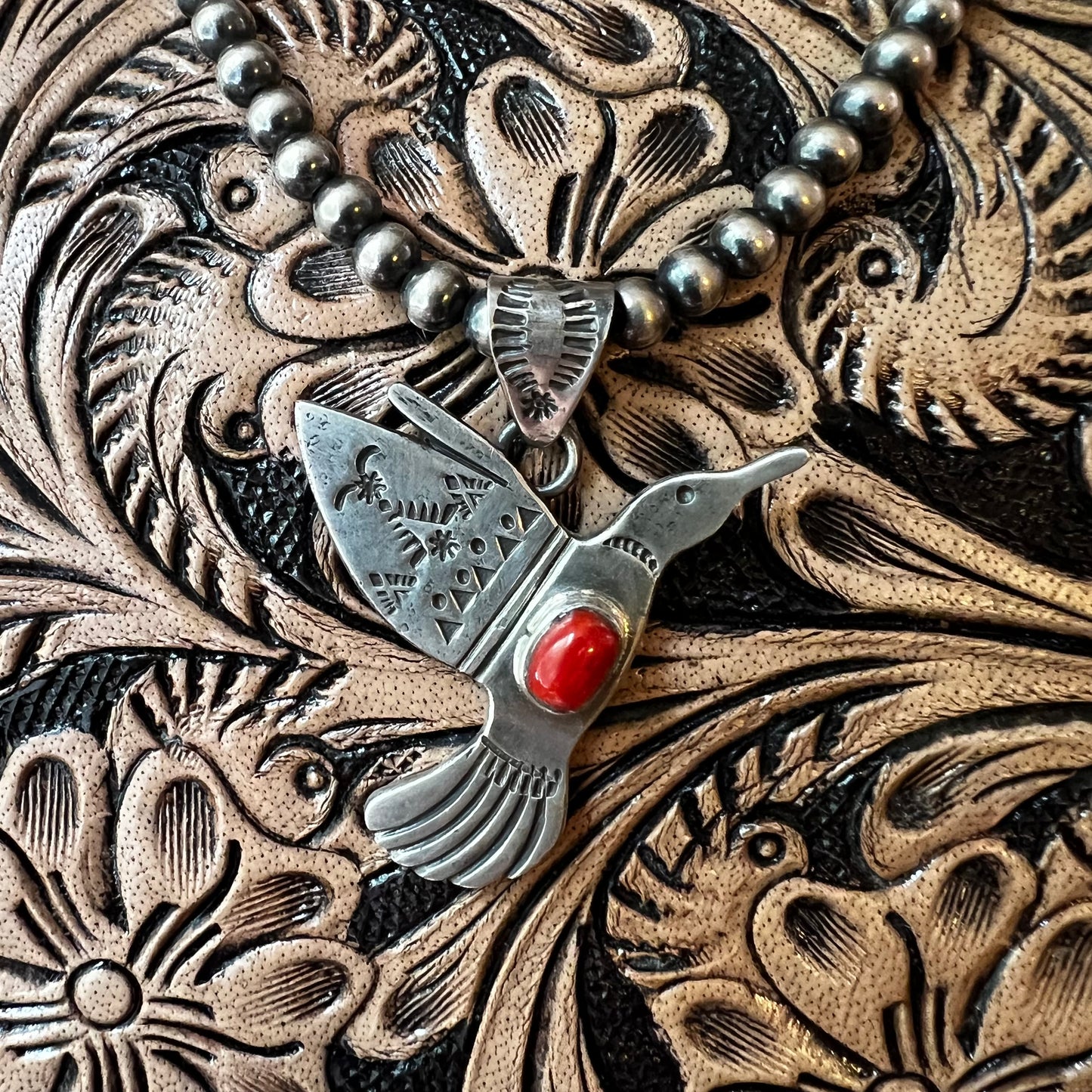 Sterling Silver & Italian Red Coral Hummingbird Pendant