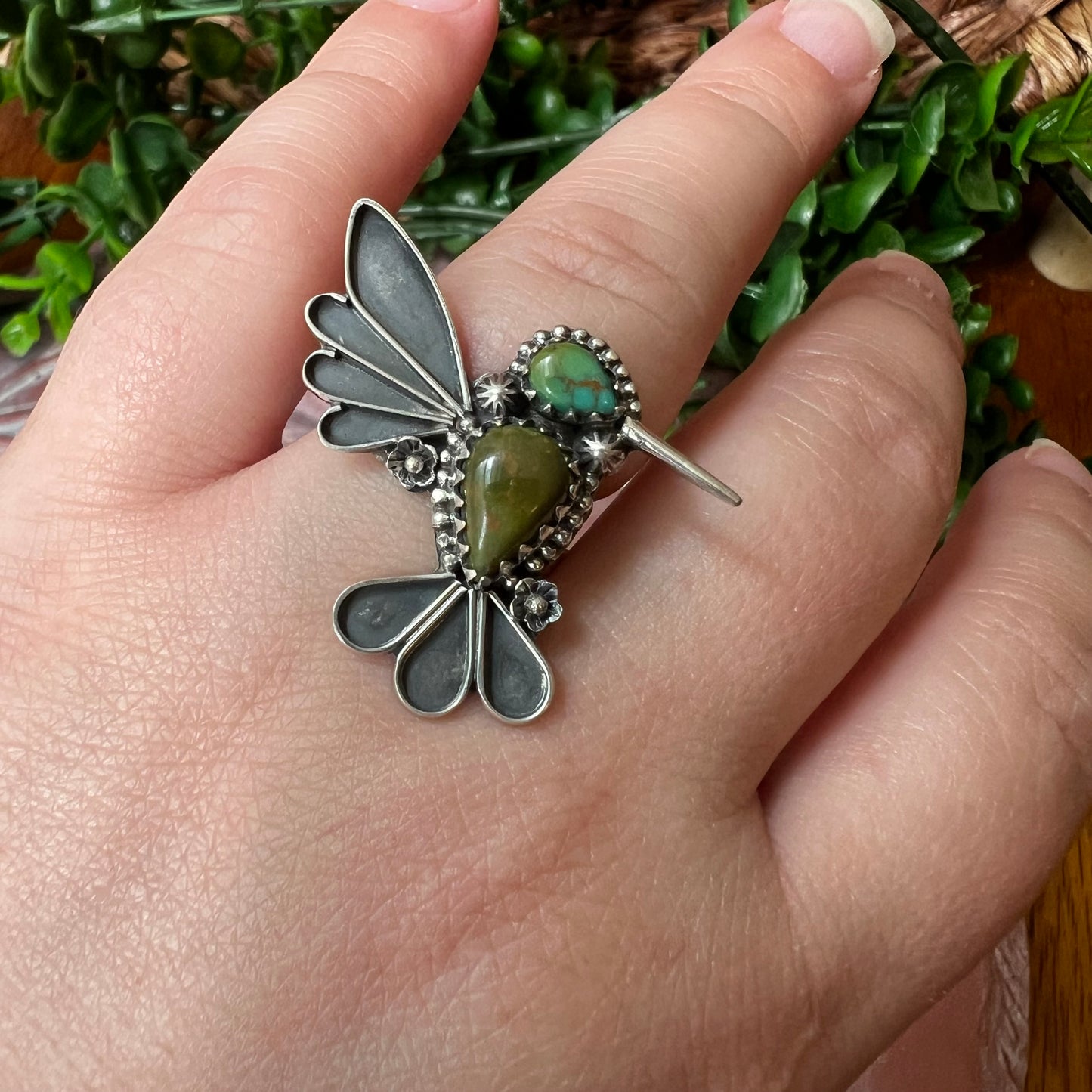 Sterling Silver Kingman Turquoise Hummingbird Ring Size 8