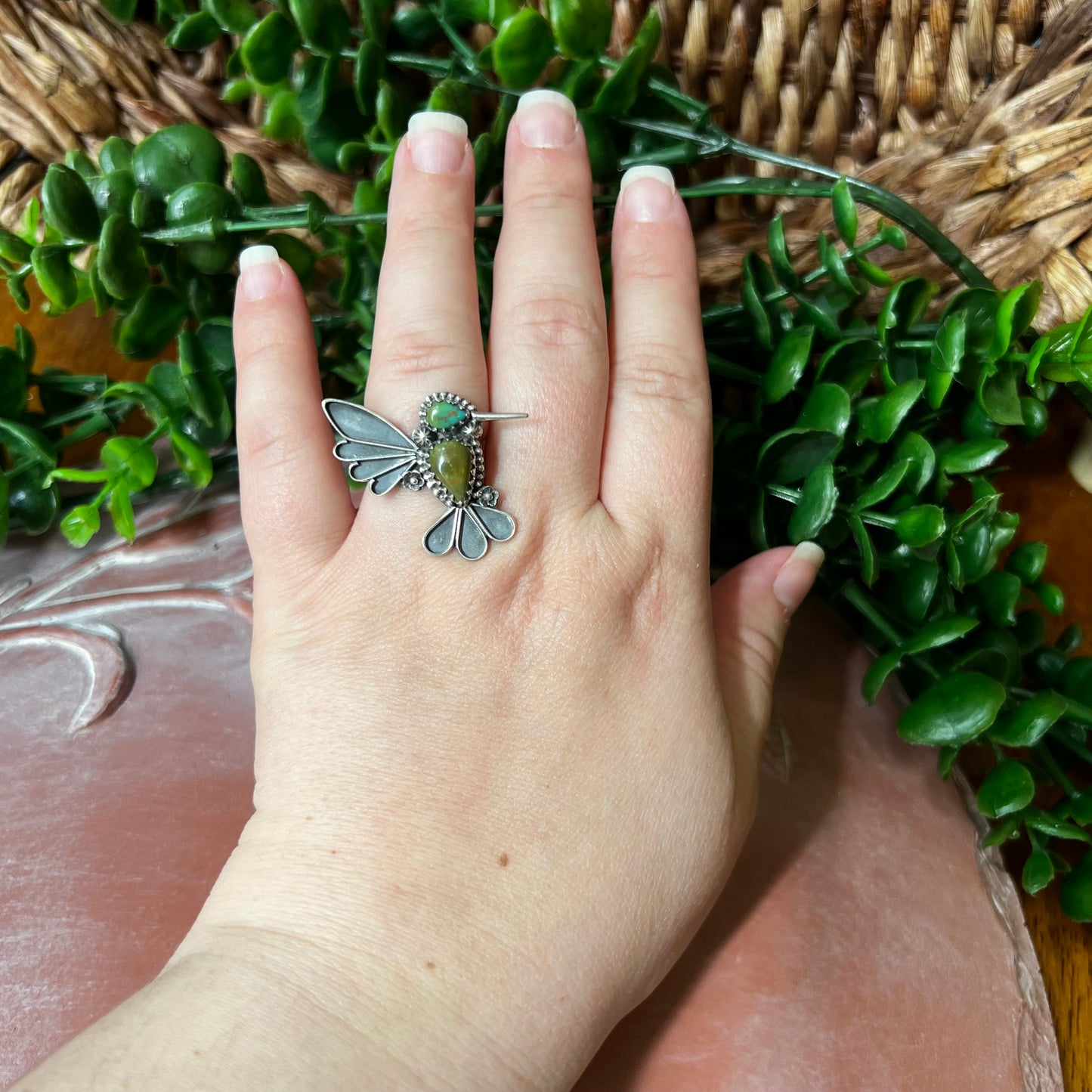 Sterling Silver Kingman Turquoise Hummingbird Ring Size 8