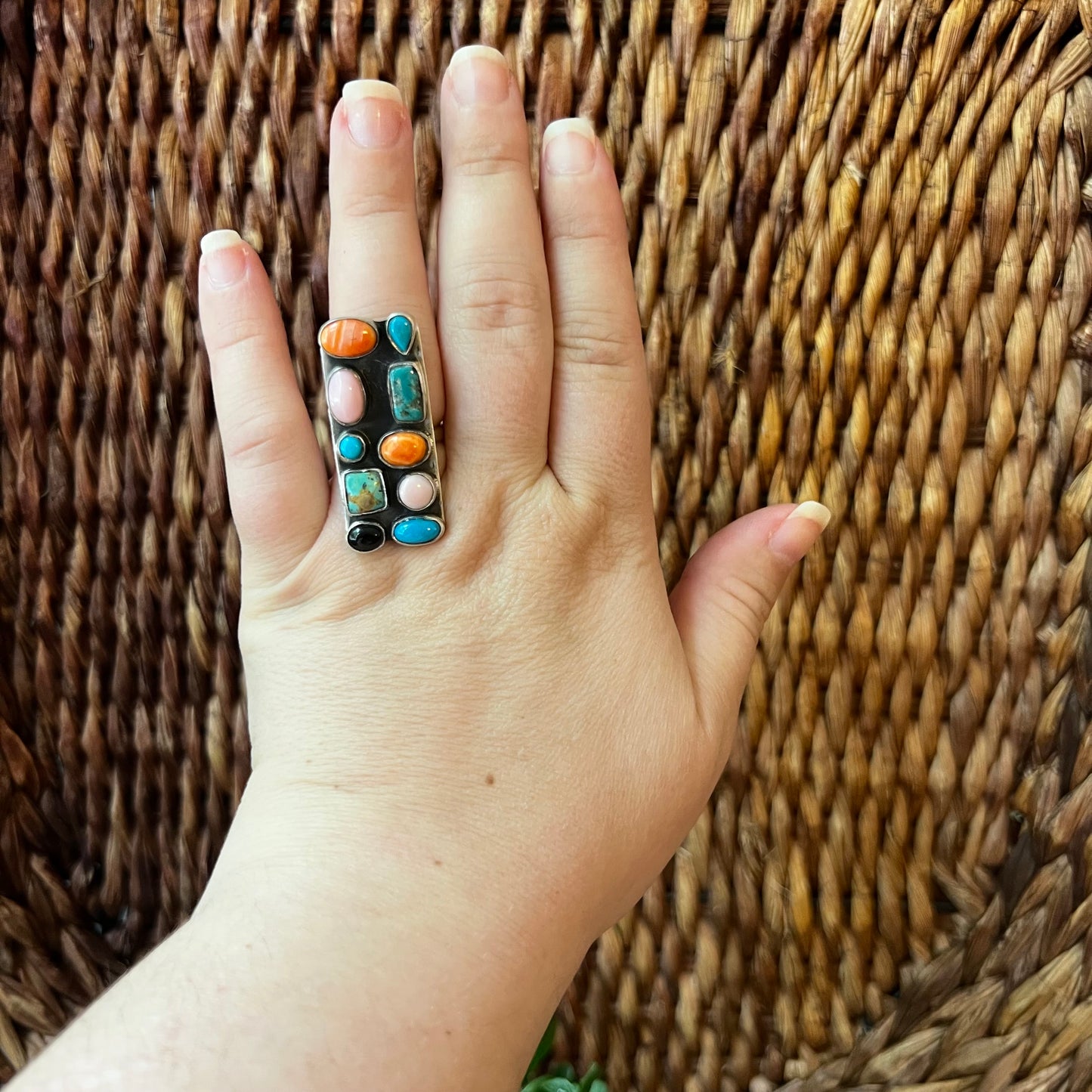 Sterling Silver Multi-Stone Statement Ring | Kingman Turquoise, Queen Conch, Spiny Oyster & Black Onyx