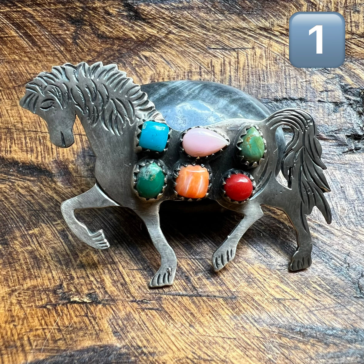 Sterling Silver Multi-Stone Horse Pendant – Kingman Turquoise, Queen Conch, Spiny Oyster & Italian Red Coral