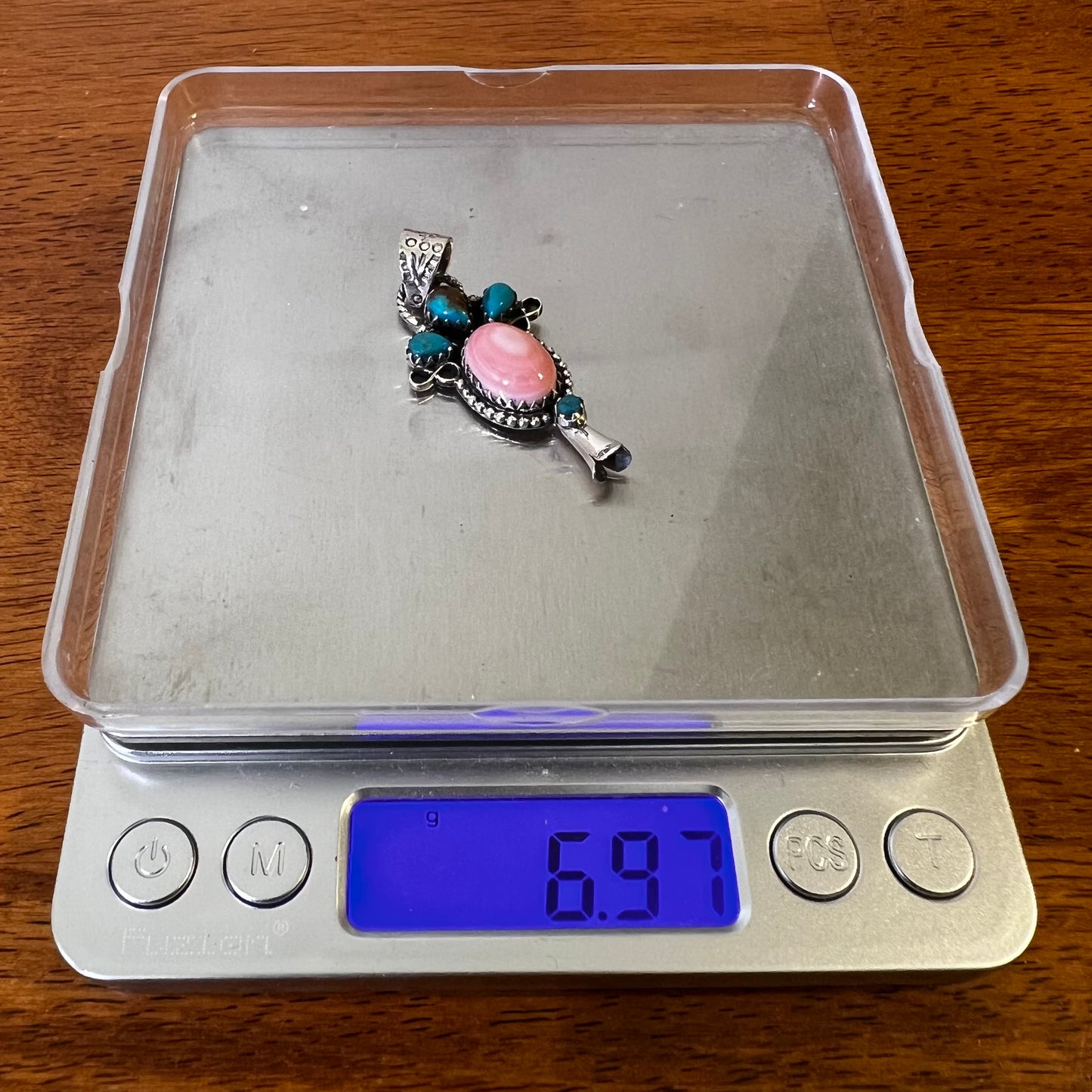 Pink Conch & Kingman Turquoise Squash Blossom Pendant – Sterling Silver