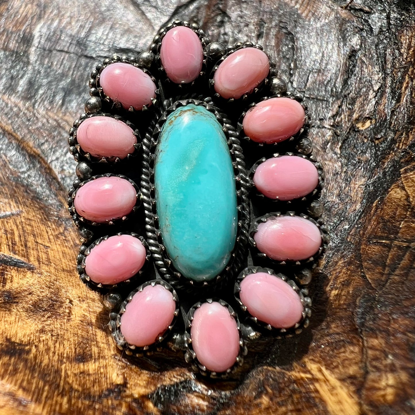 Desert Bloom Cluster Ring – Kingman Turquoise & Queen Conch Sterling Silver