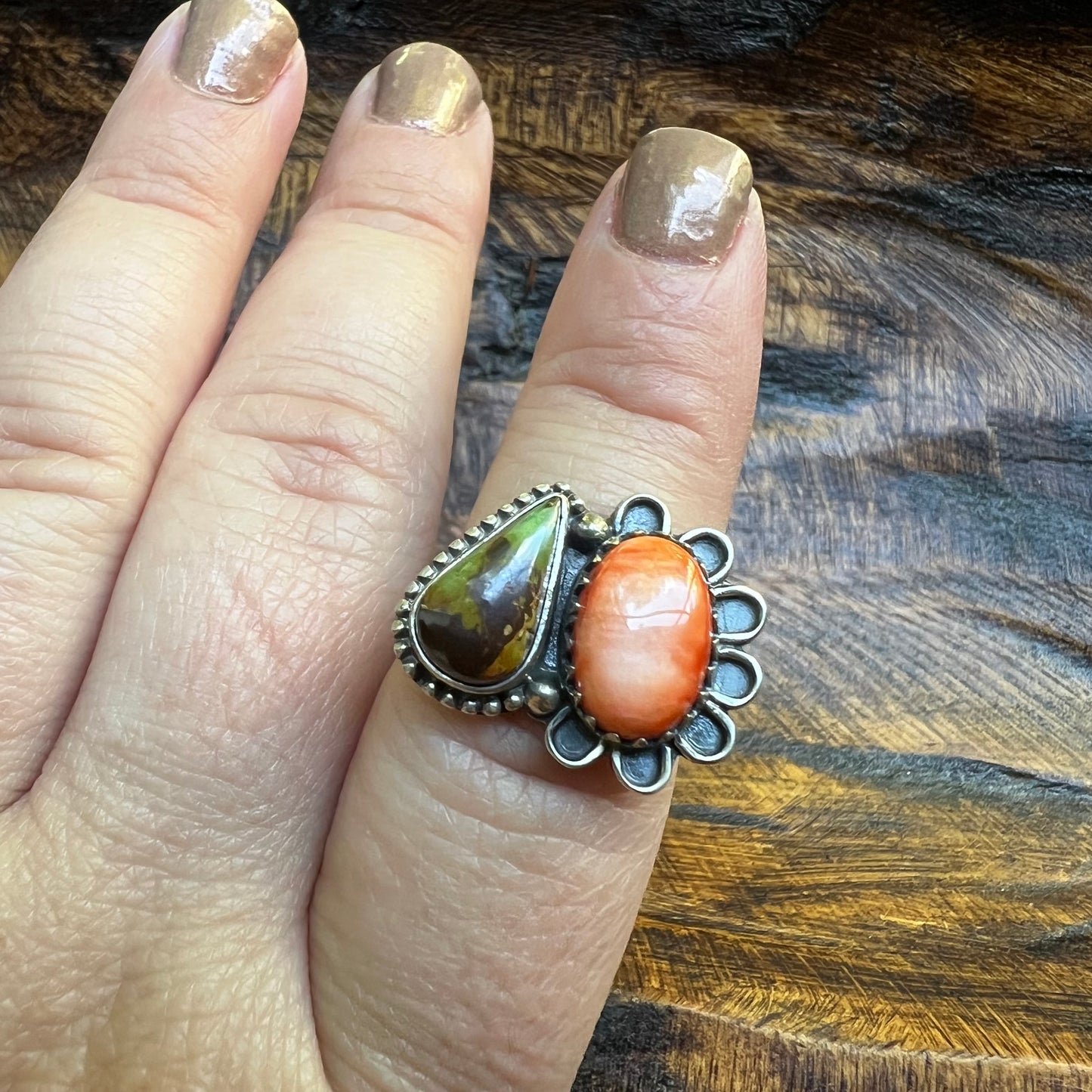 Kingman Turquoise & Spiny Oyster Ring – Sterling Silver Size 7