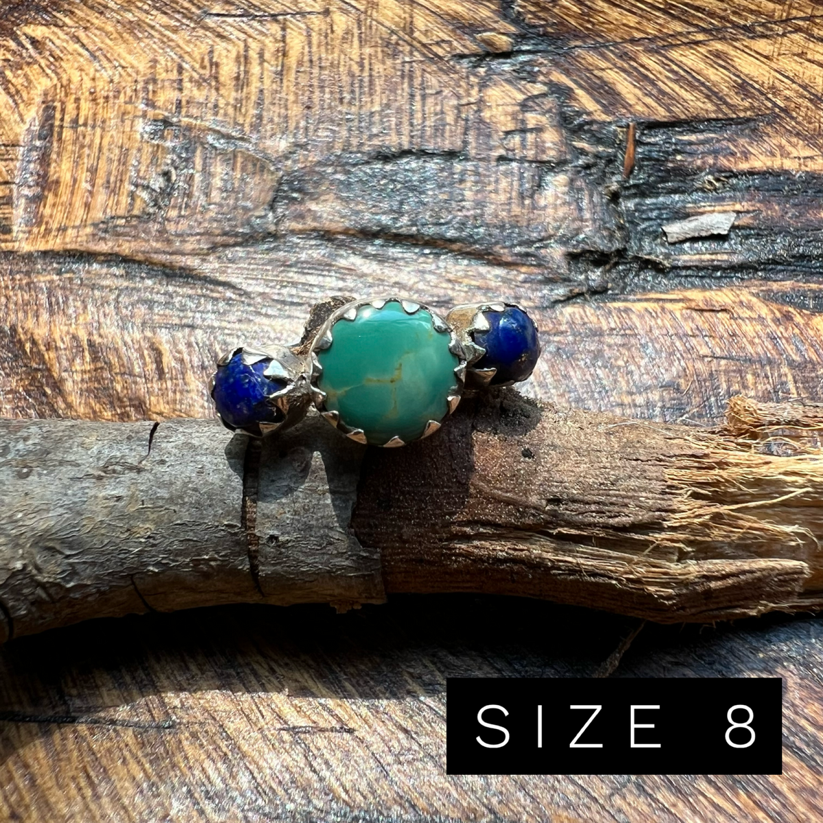 Sterling Silver Kingman Turquoise & Lapis Lazuli Three-Stone Ring