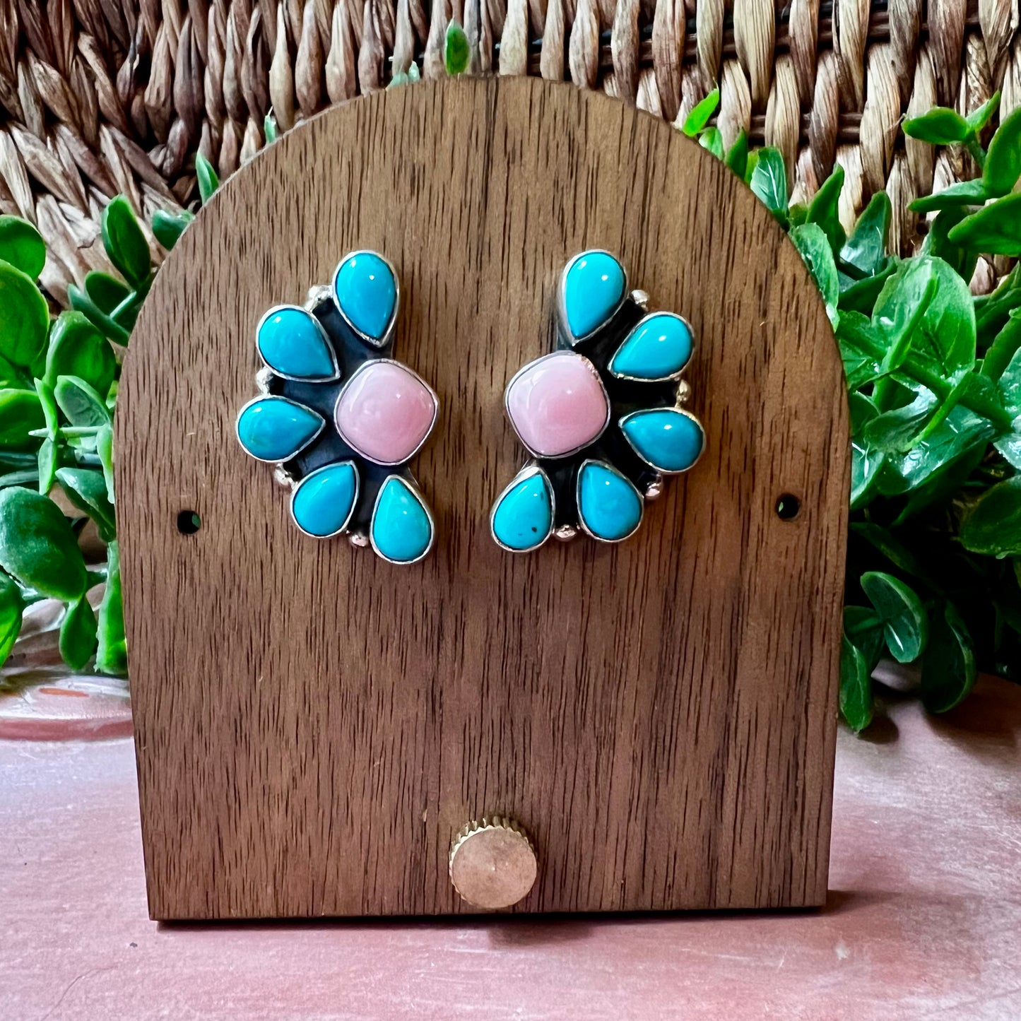 Pink Conch & Kingman Turquoise Cluster Sterling Silver Earrings
