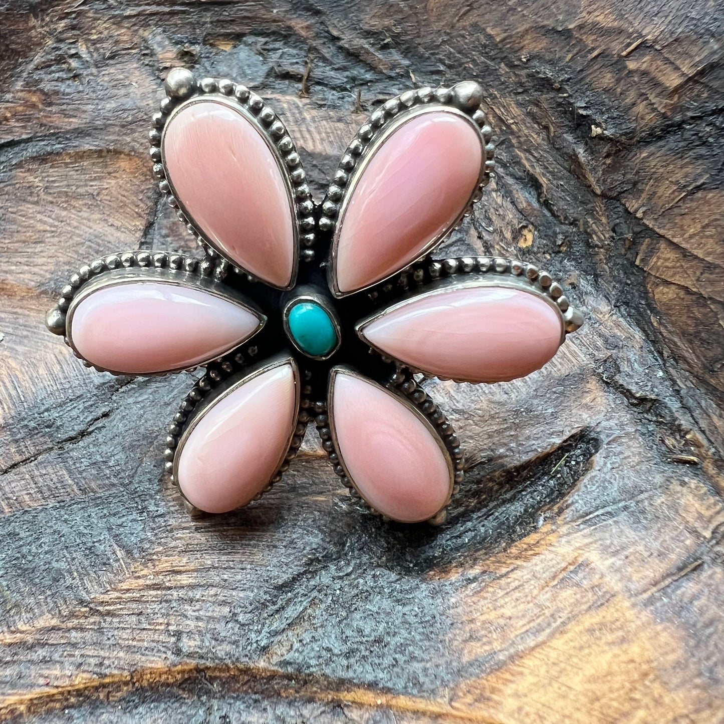 Queen Conch & Kingman Turquoise Flower Ring – Sterling Silver Statement | Size 8.5