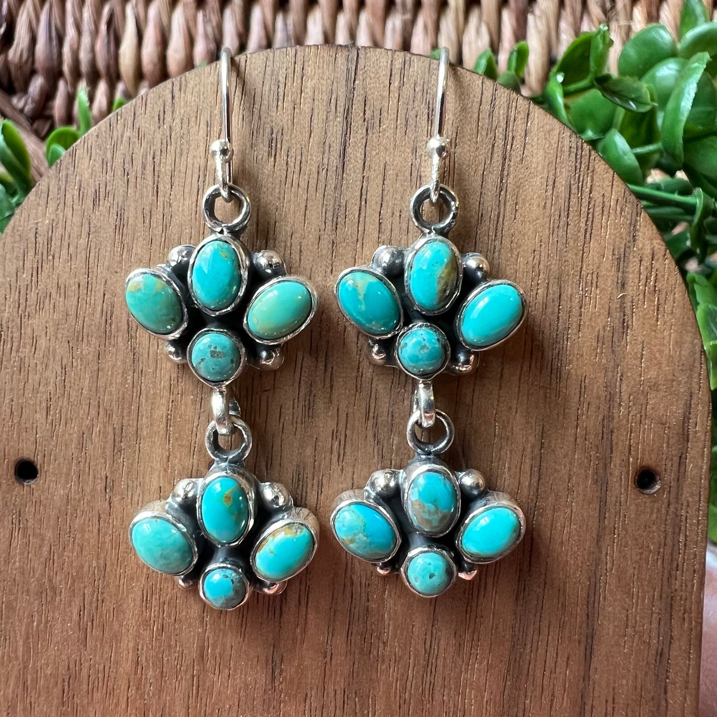 Kingman Turquoise Cluster Dangle Earrings in Sterling Silver