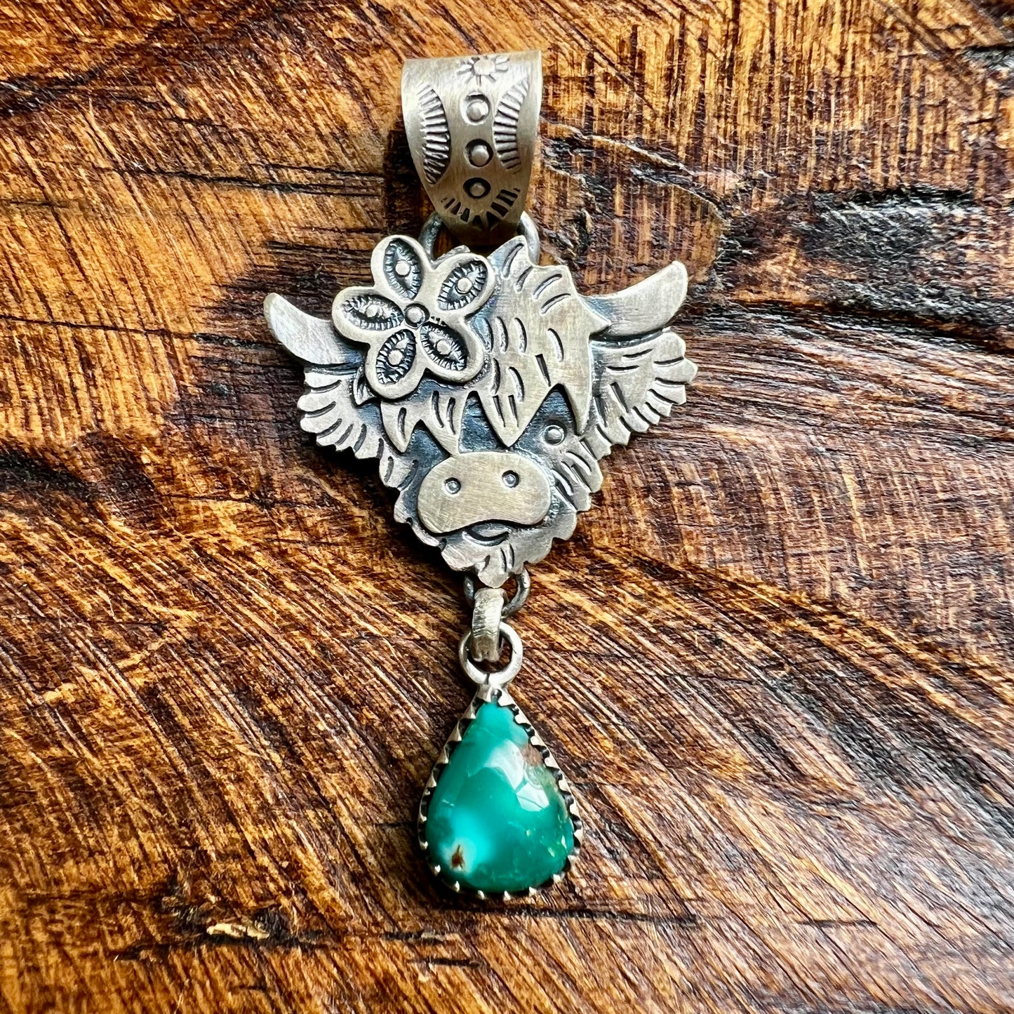 Sterling Silver Highland Cow Pendant with Fox Turquoise Drop