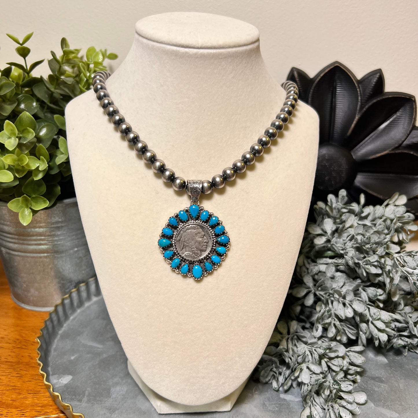1936 Buffalo Nickel & Kingman Turquoise Cluster Pendant