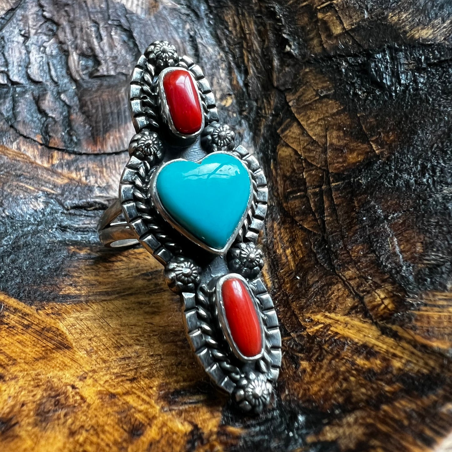 Sterling Kingman Turquoise Heart Italian Red Coral Ring Size 8