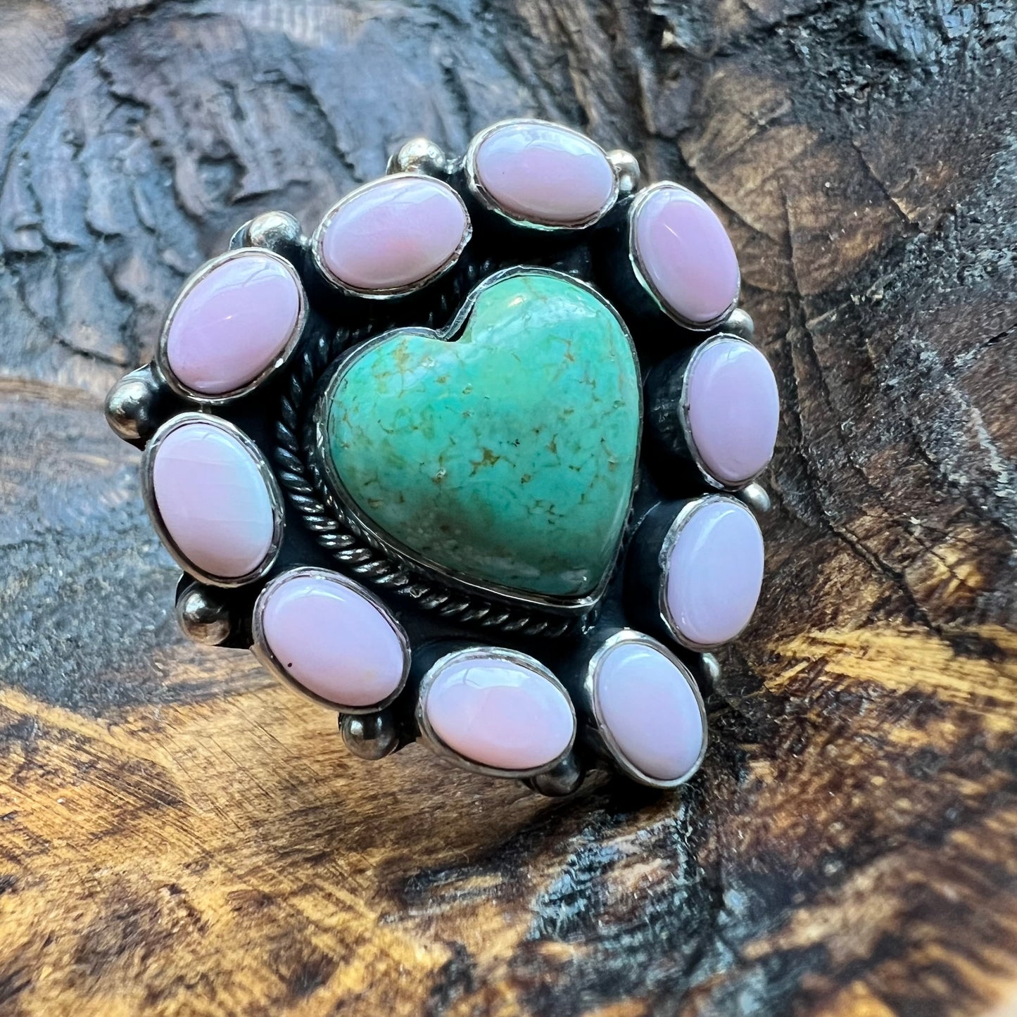 Kingman Heart & Queen Conch Cluster Ring — Sterling Silver Statement (Size ~9¼)