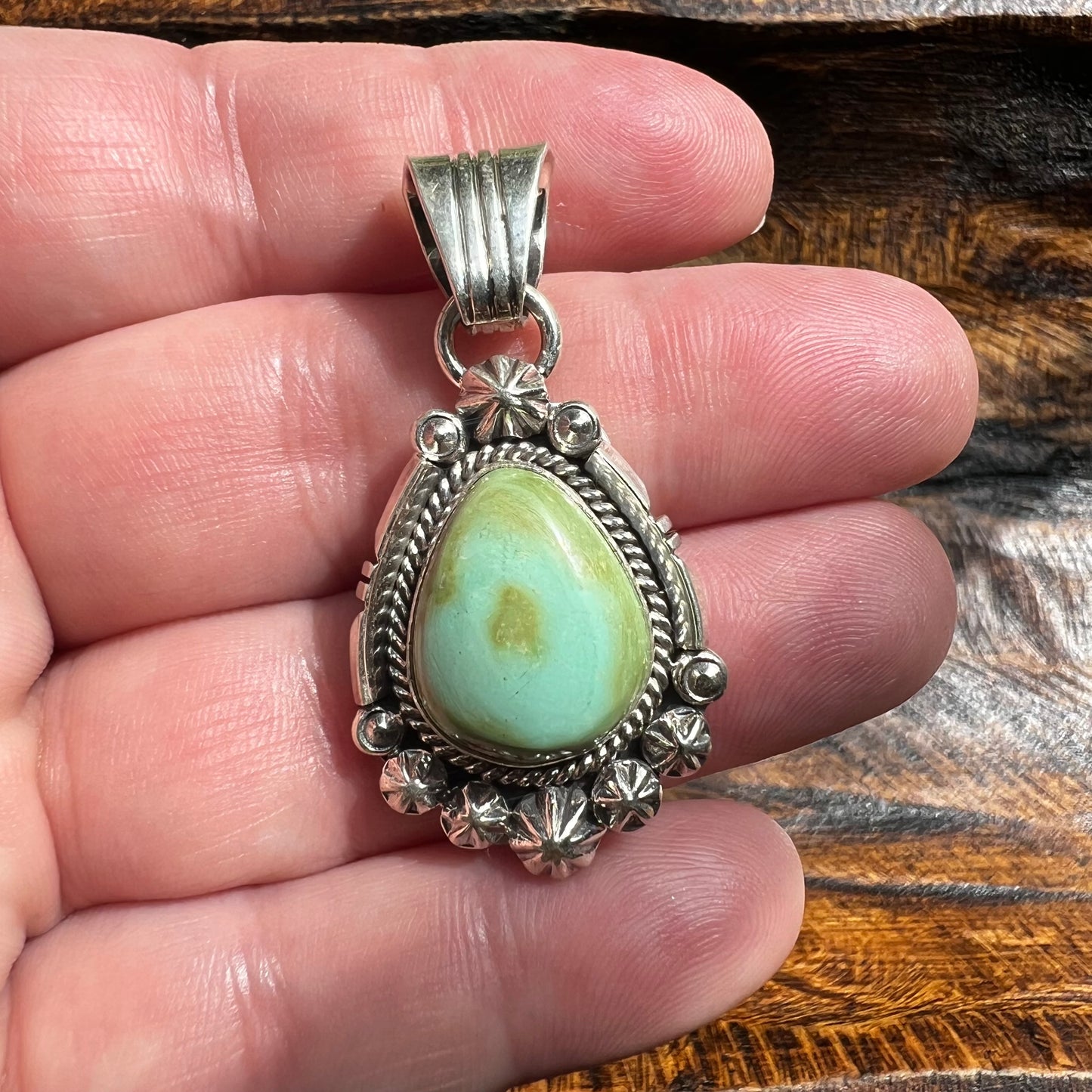 Native American Sonoran Gold Turquoise Sterling Silver Pendant by Marita Benally
