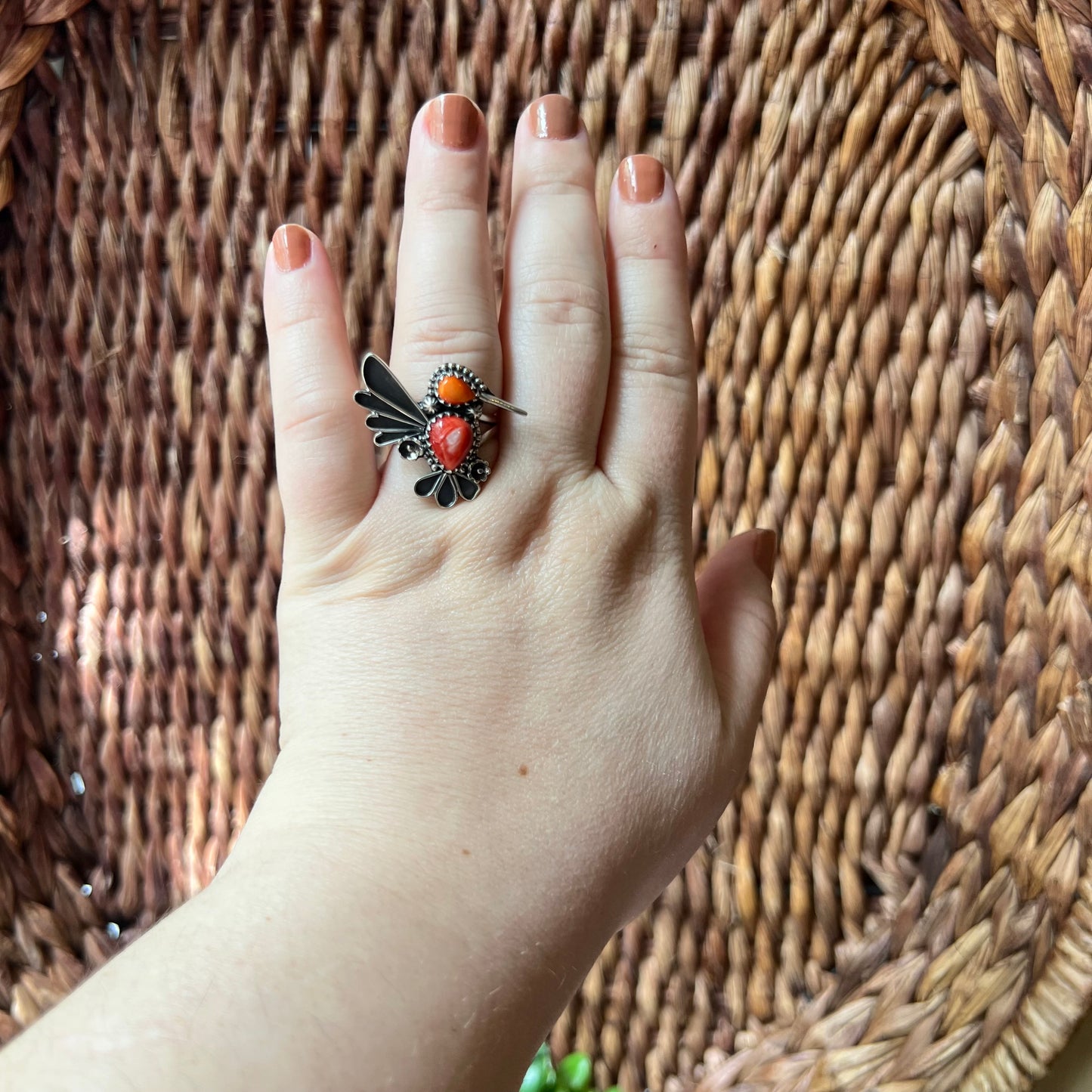 Spiny Oyster Hummingbird Statement Ring – Sterling Silver, Size 8