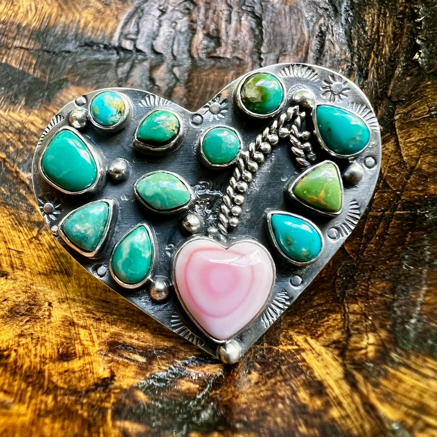 Kingman Turquoise & Queen Conch Heart Ring – Sterling Silver Size 7