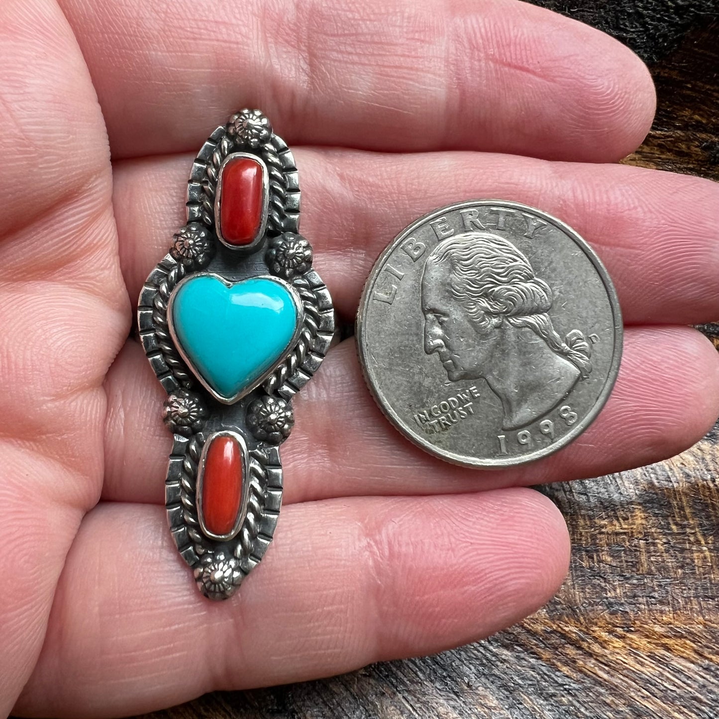 Sterling Kingman Turquoise Heart Italian Red Coral Ring Size 8