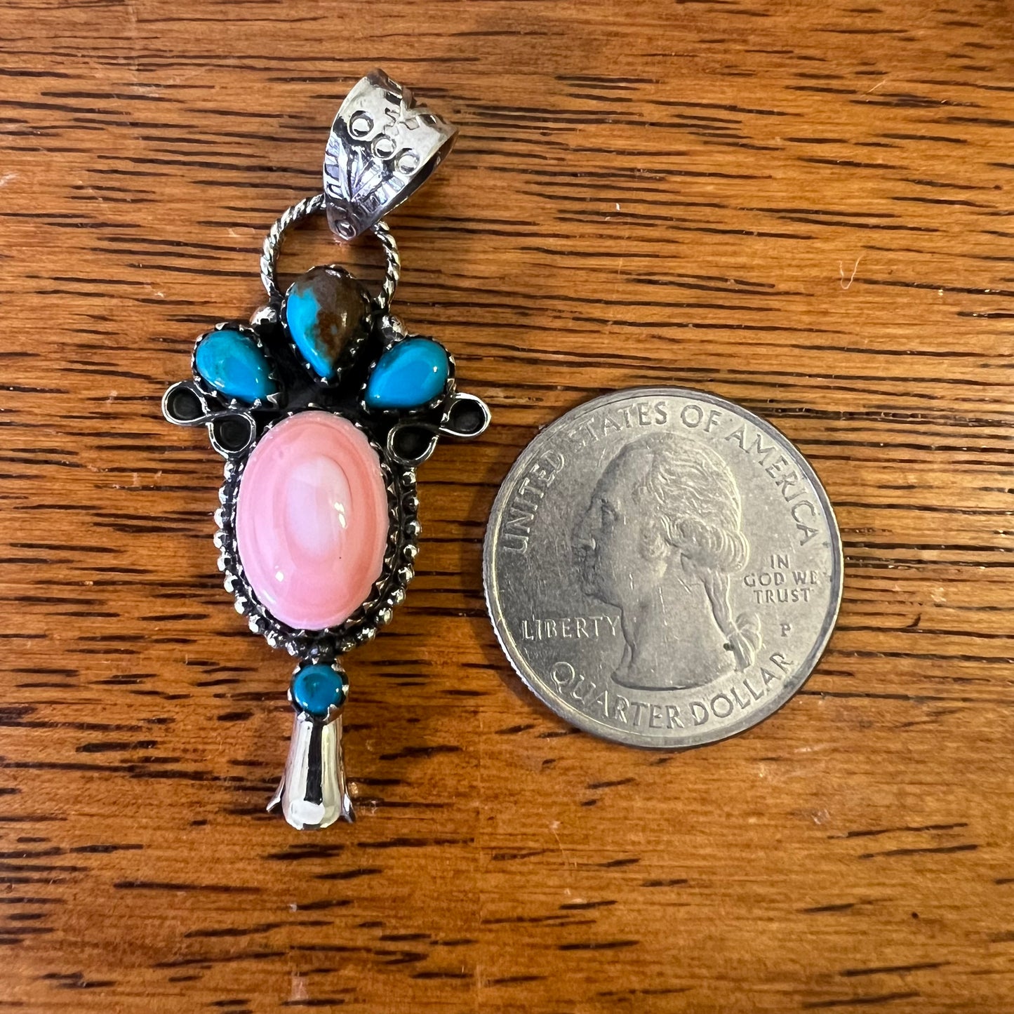 Pink Conch & Kingman Turquoise Squash Blossom Pendant – Sterling Silver