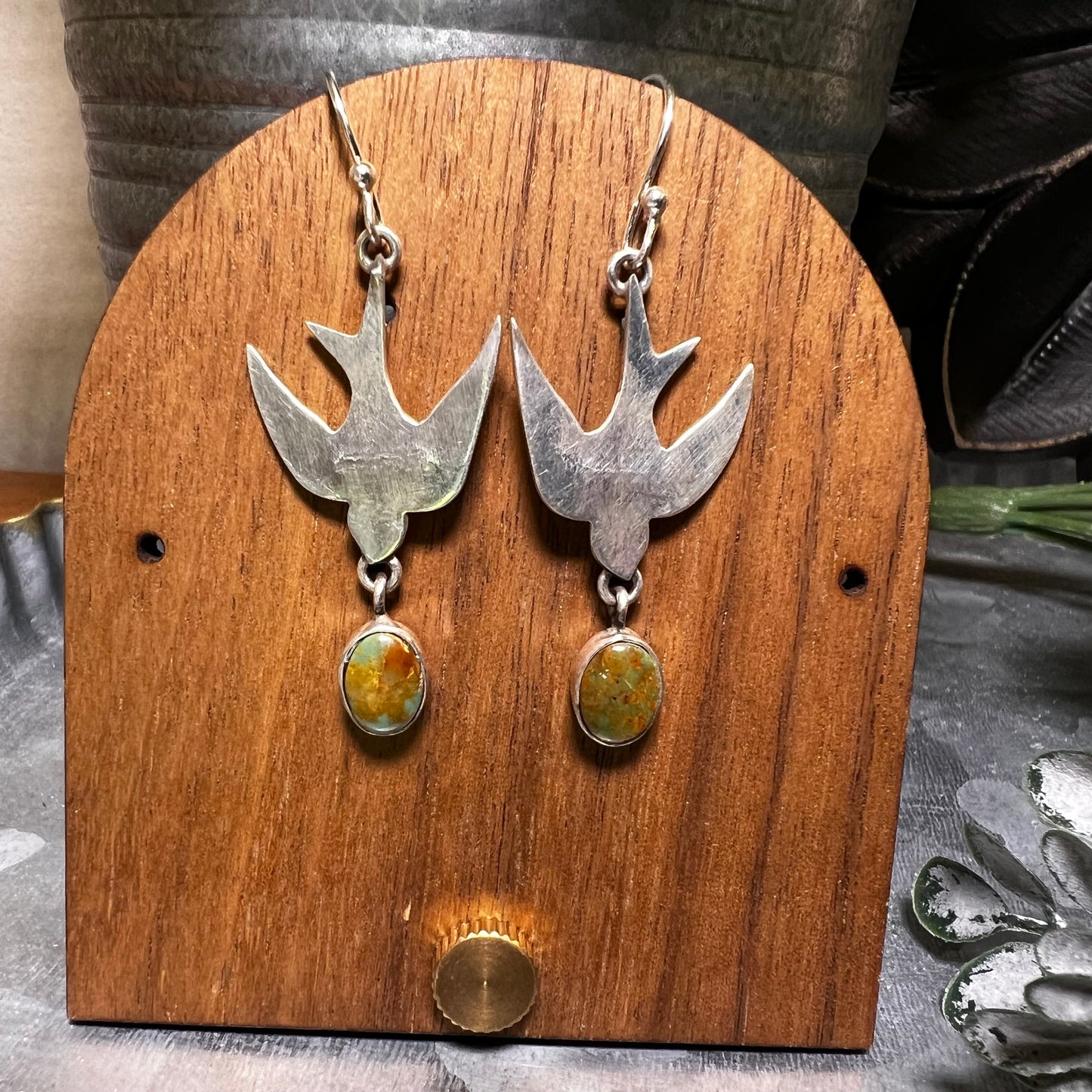 Sterling Silver Bird Earrings with Kingman Turquoise