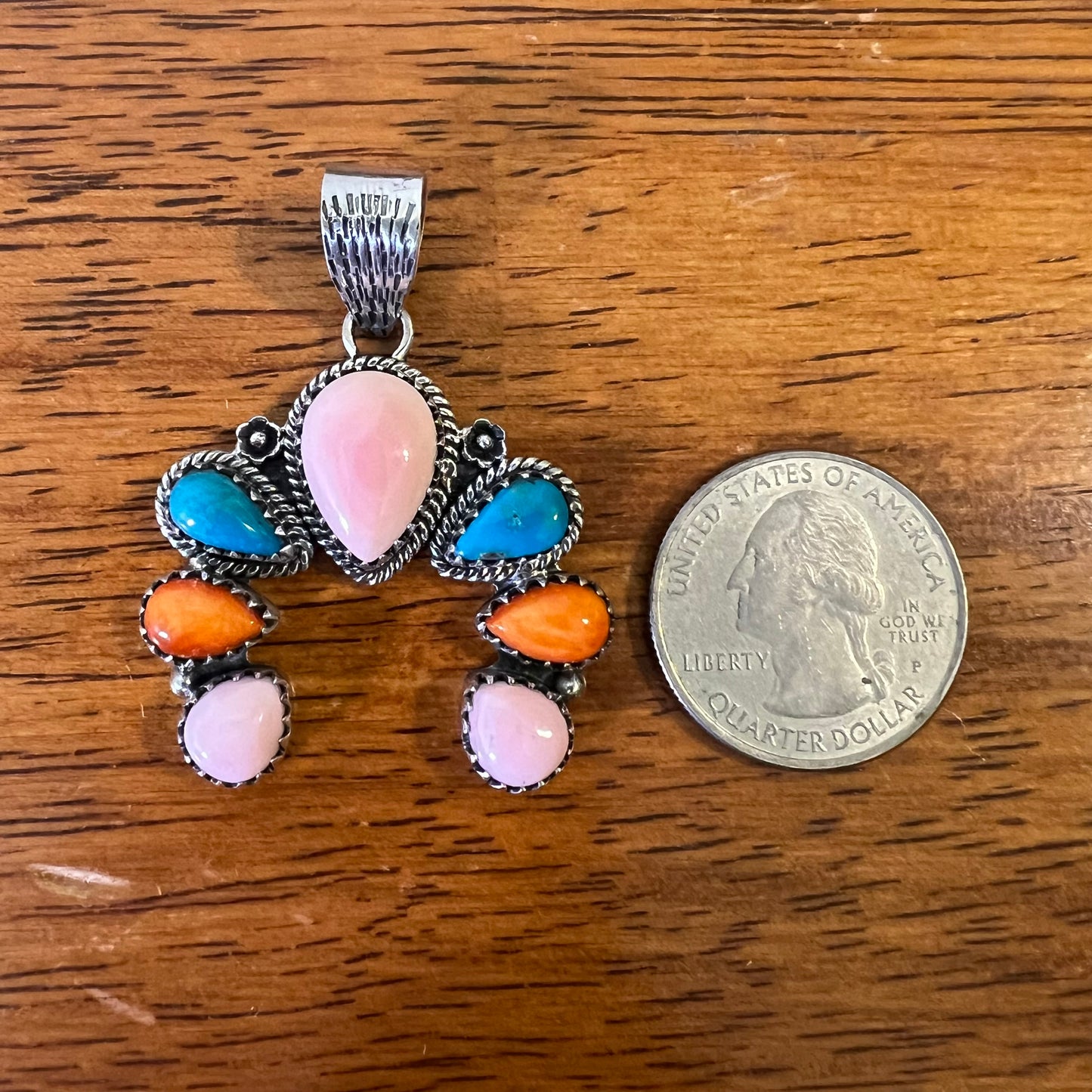 Queen Conch, Kingman Turquoise & Spiny Oyster Naja Sterling Silver Pendant