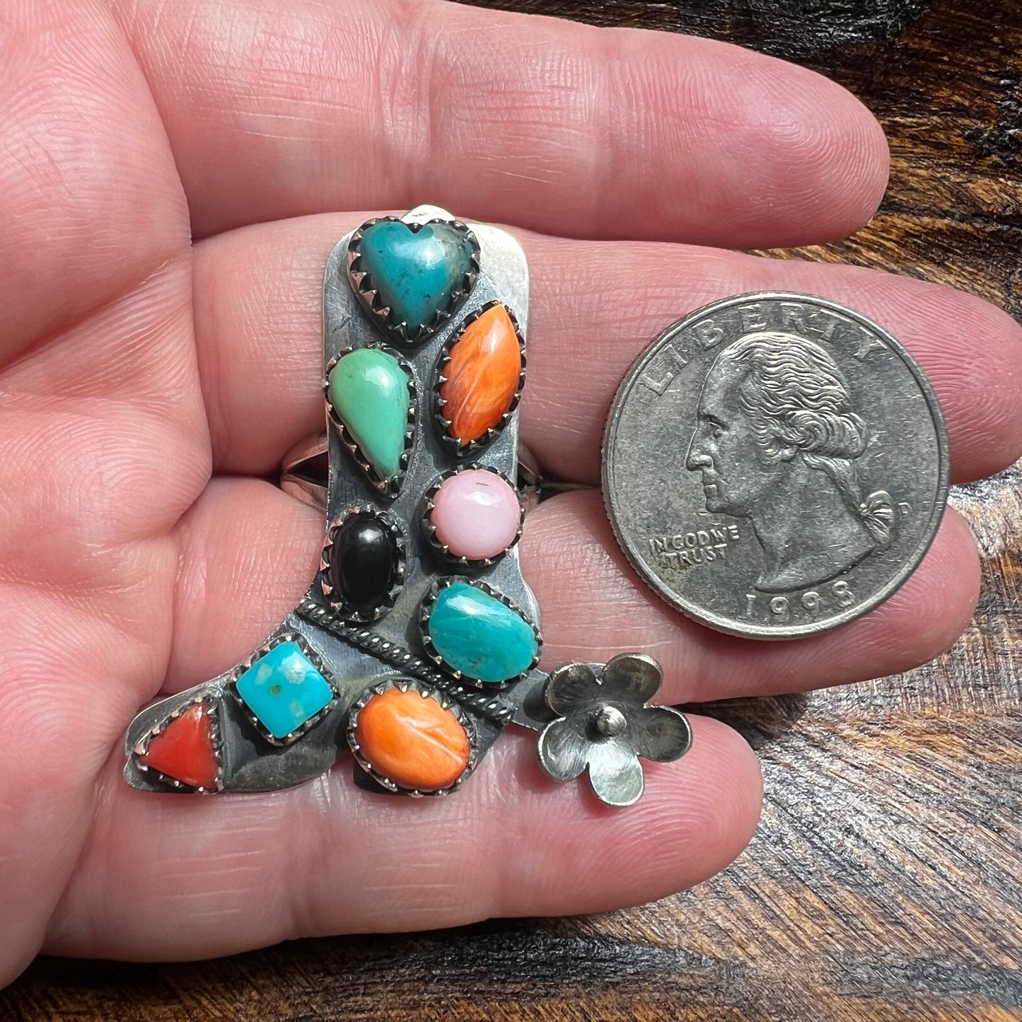 Sterling Silver Multi-Stone Cowboy Boot Ring with Spinning Spur – Size 8