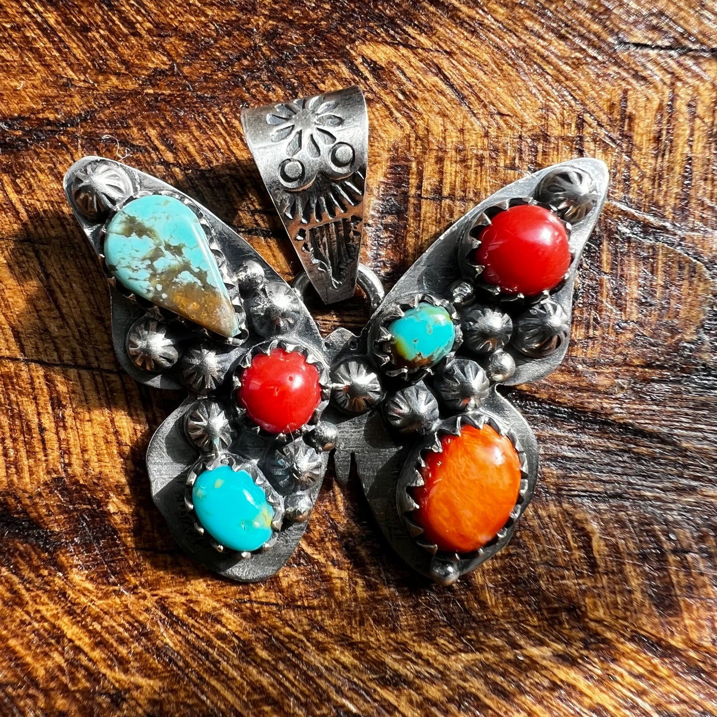 Sterling Silver Multi-Stone Butterfly Pendant – Kingman Turquoise, Italian Red Coral & Spiny Oyster