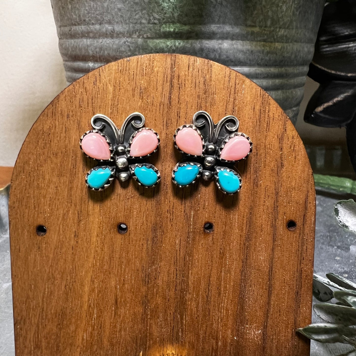 Sterling Silver Queen Conch & Kingman Turquoise Butterfly Stud Earrings