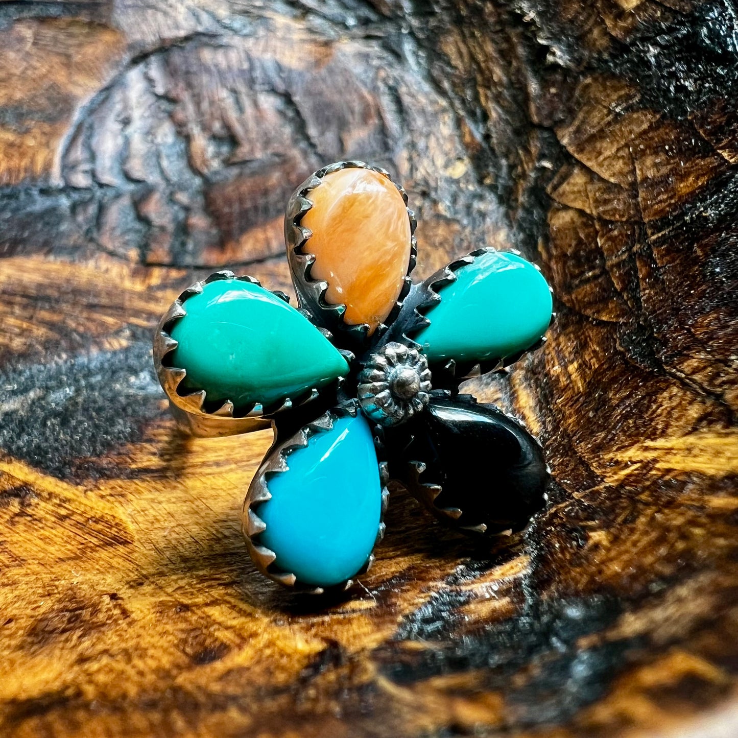 Sterling Silver Multi-Stone Flower Spinner Ring | Southwestern