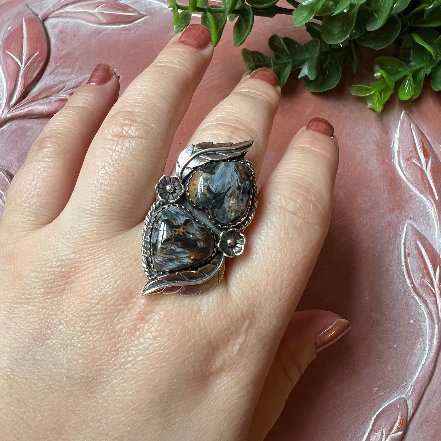 Sterling Silver Pietersite Double Heart Statement Ring – Feather & Floral Design, Size 10