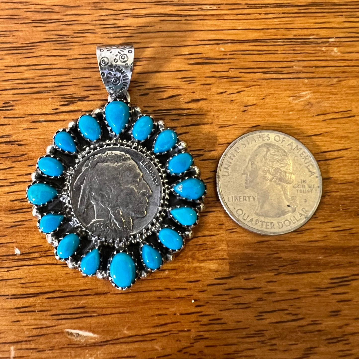 1936 Buffalo Nickel & Kingman Turquoise Cluster Pendant