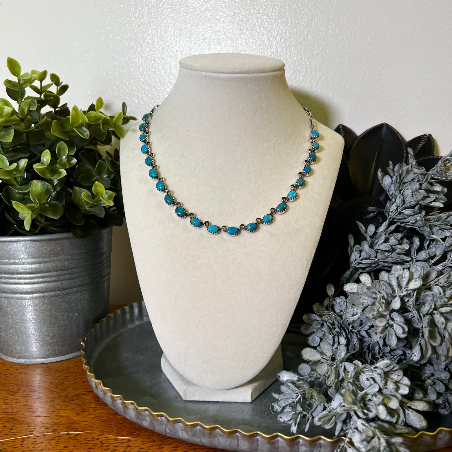 Kingman Turquoise Station Choker Necklace Sterling Silver 17” Blue Green