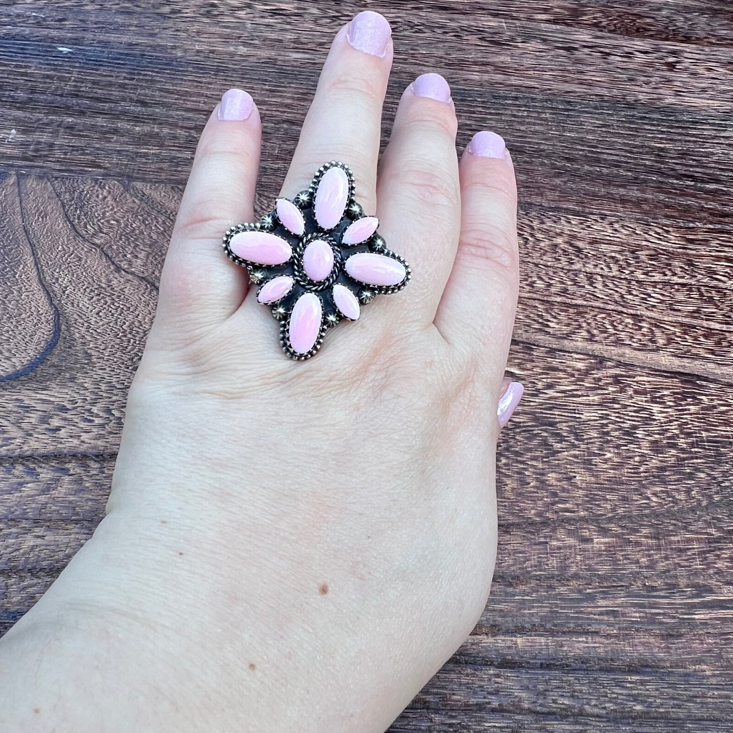Blush Conch Floral Cluster Ring – Handcrafted Sterling Statement