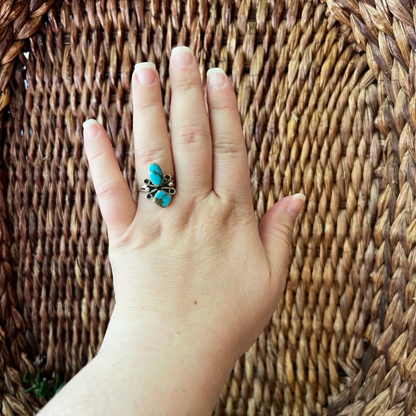 Sterling Silver & Kingman Turquoise Double Stone Ring | Size 9