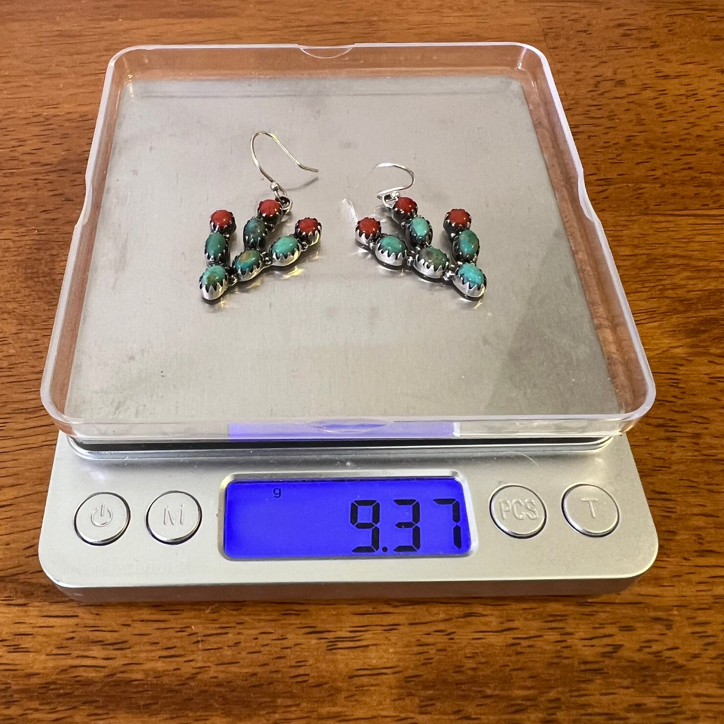 Sterling Silver Kingman Turquoise Red Coral Cactus Dangle Earrings