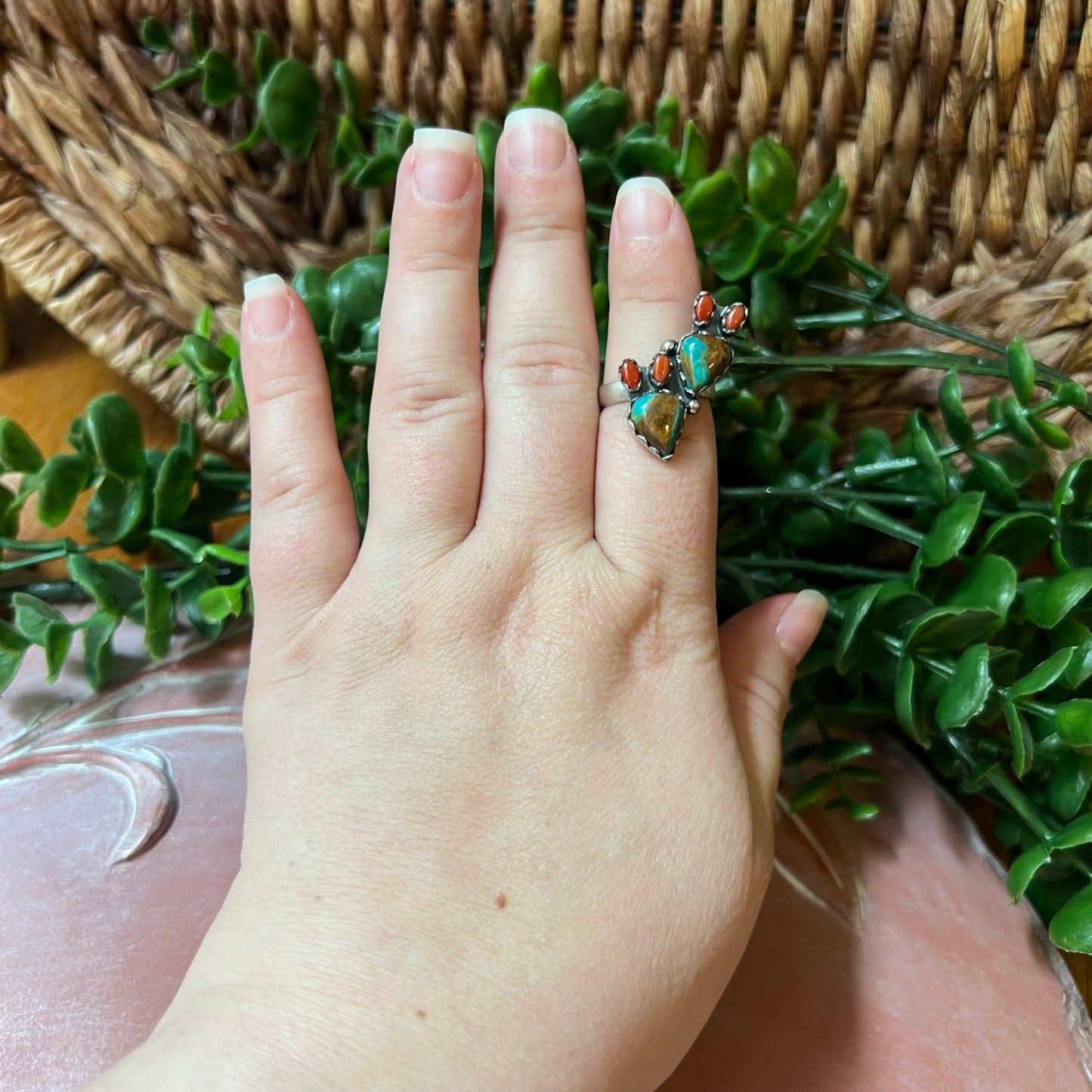 Sterling Royston Turquoise Red Coral Cactus Ring Adjustable Size 8