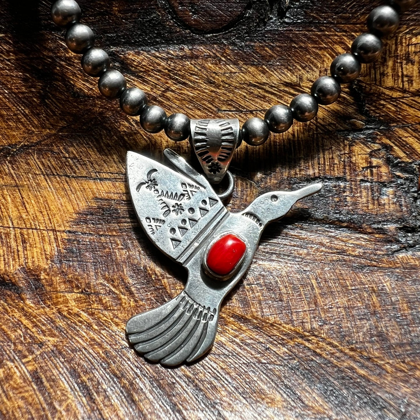 Sterling Silver & Italian Red Coral Hummingbird Pendant