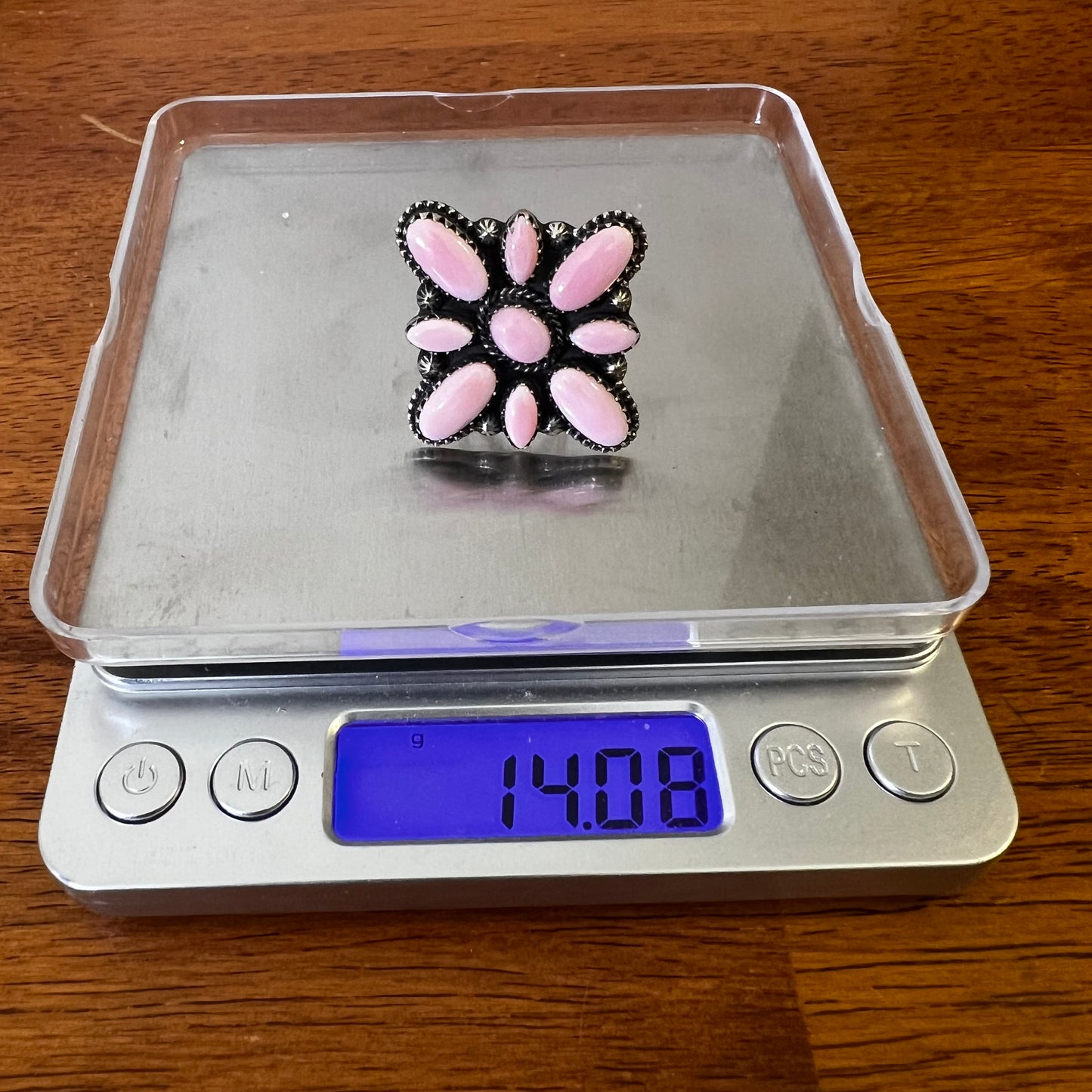 Blush Conch Floral Cluster Ring – Handcrafted Sterling Statement