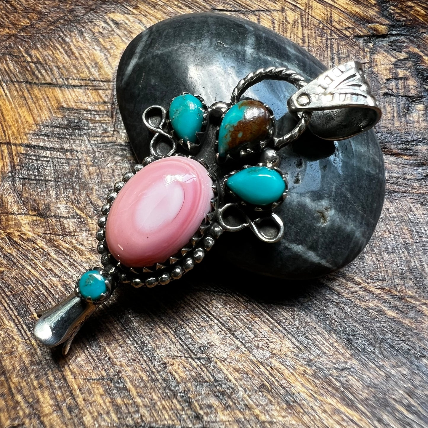 Pink Conch & Kingman Turquoise Squash Blossom Pendant – Sterling Silver