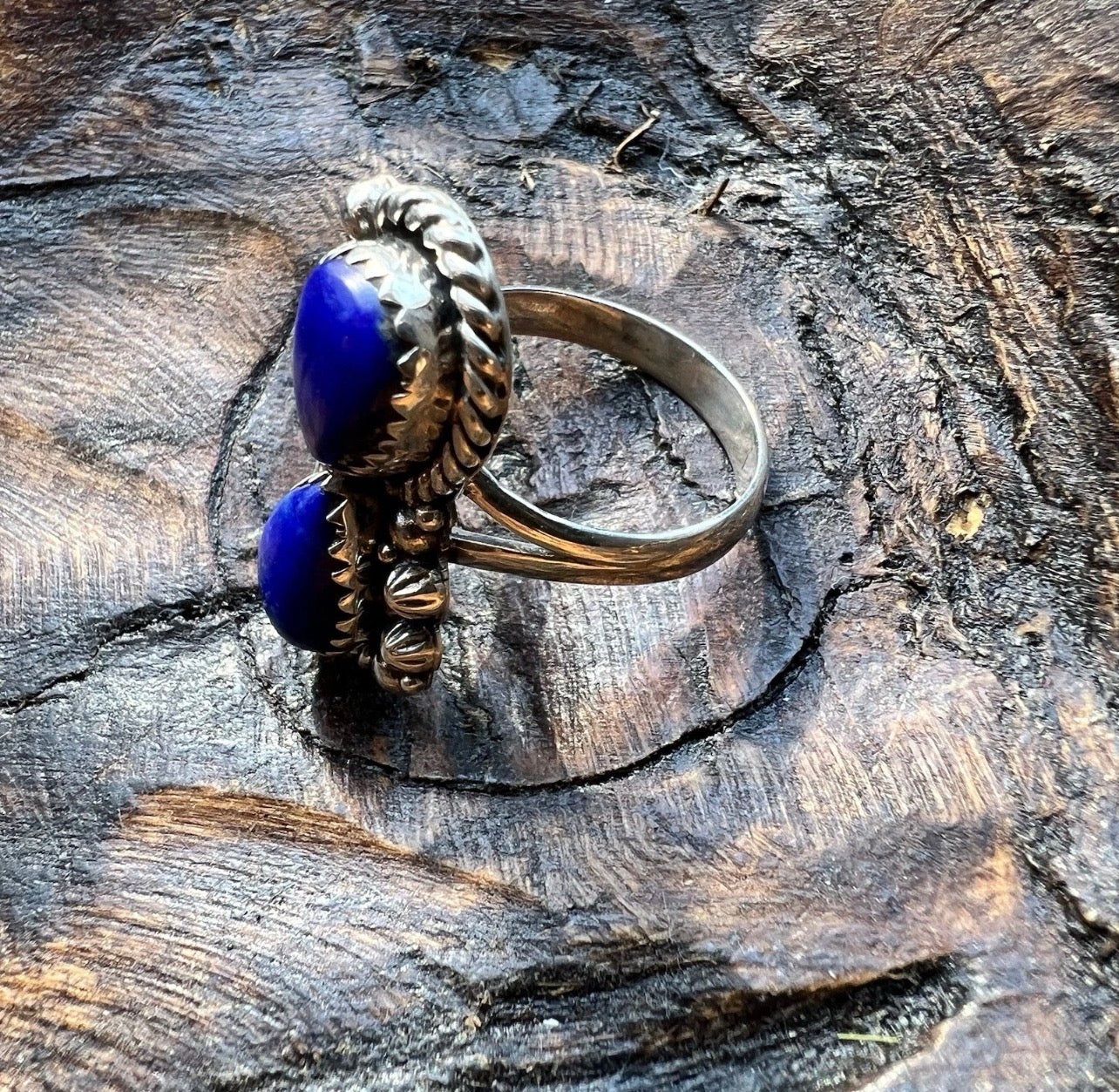Lapis Lazuli Double Teardrop Statement Ring in Sterling Silver Size 9.5