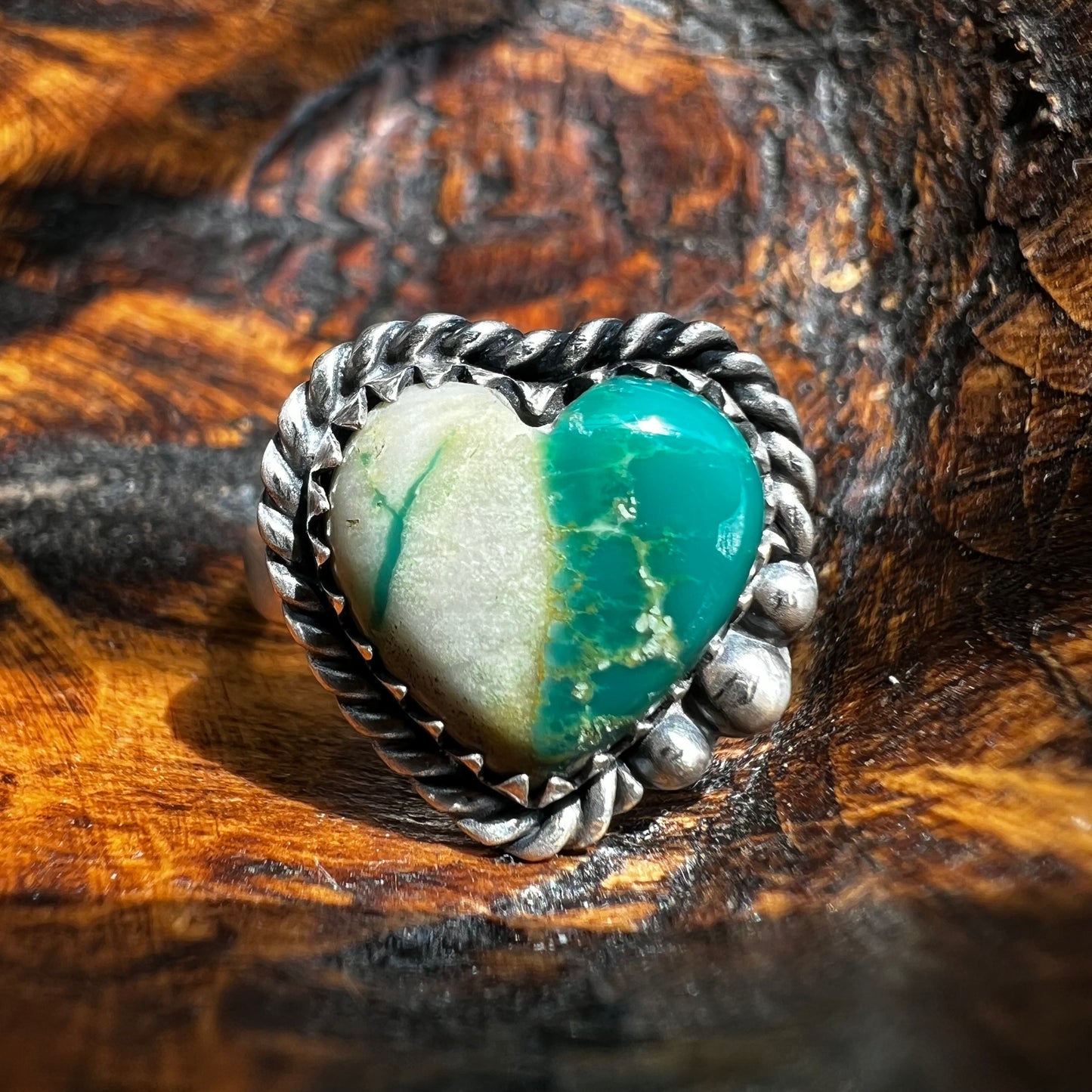 Sterling Silver Ribbon Turquoise Heart Ring Size 10 Adjustable