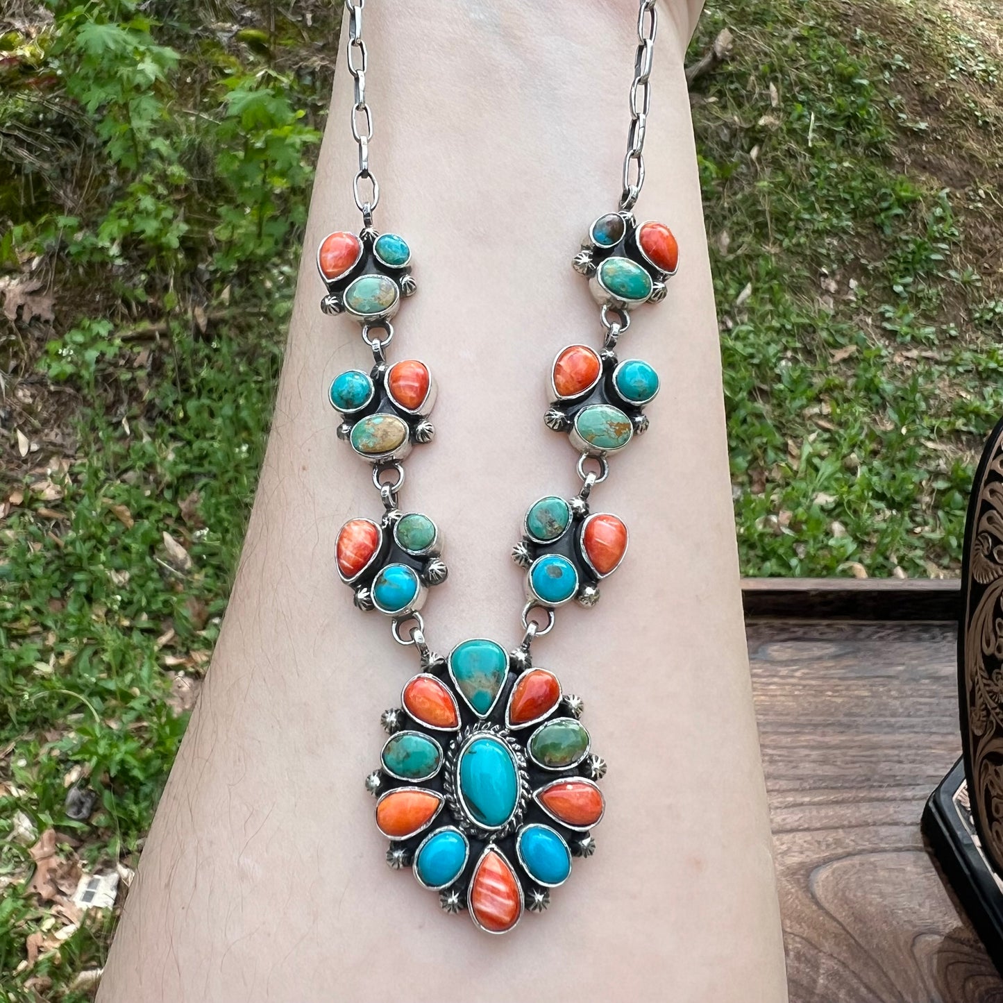 Collector’s Kingman Turquoise & Spiny Oyster Cluster Necklace – 29 Stone Statement