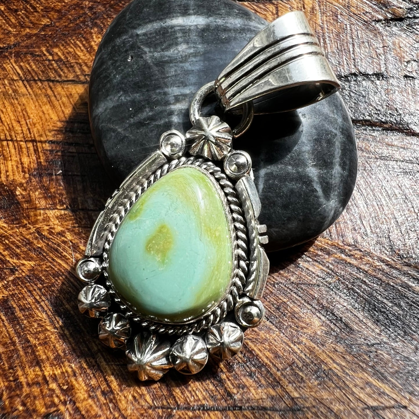 Native American Sonoran Gold Turquoise Sterling Silver Pendant by Marita Benally