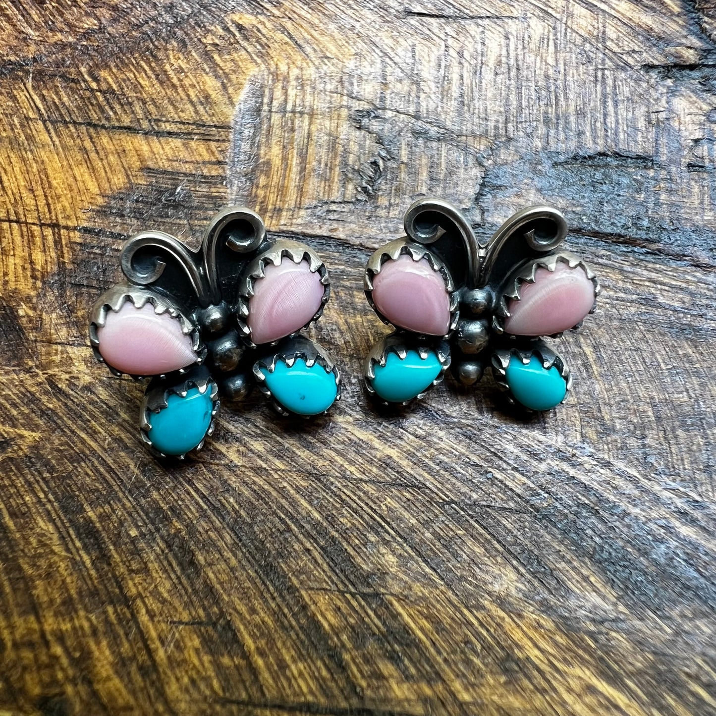 Sterling Silver Queen Conch & Kingman Turquoise Butterfly Stud Earrings