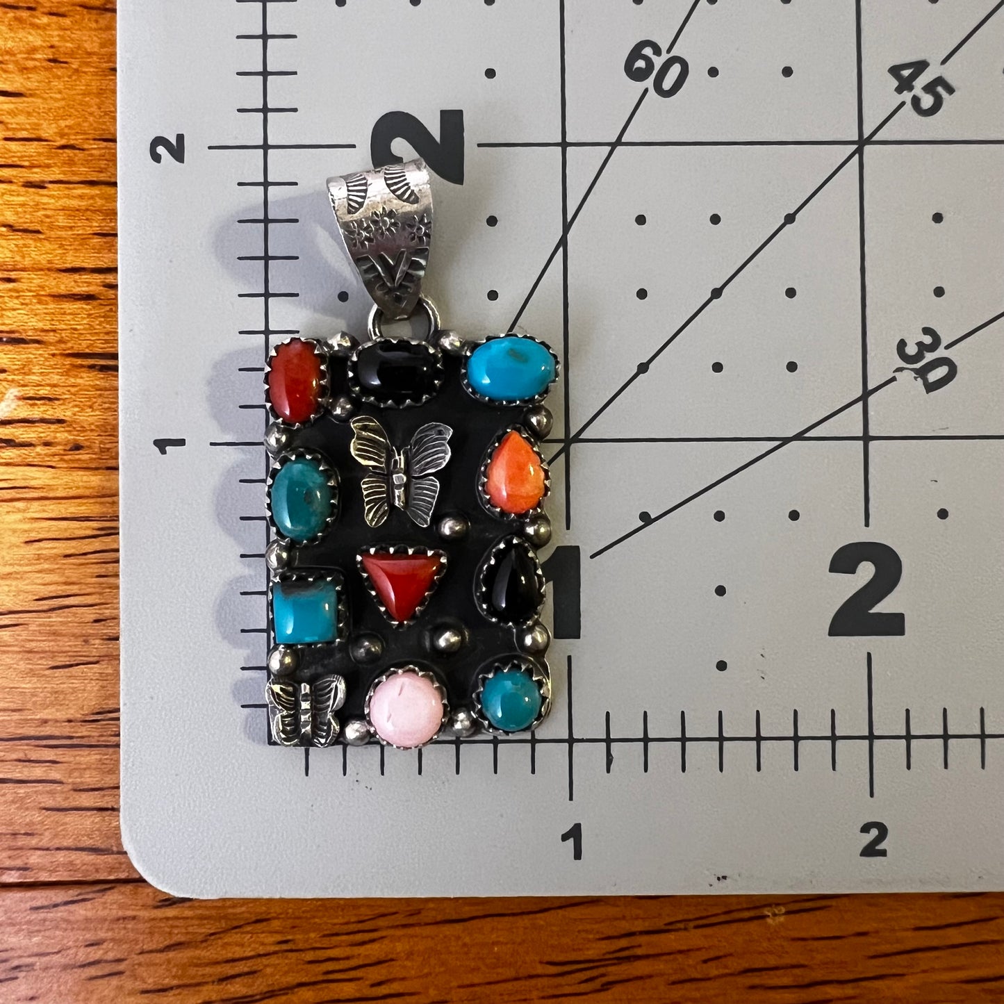Sterling Silver Multi-Stone Butterfly Statement Pendant | Turquoise, Red Coral, Queen Conch & Black Onyx