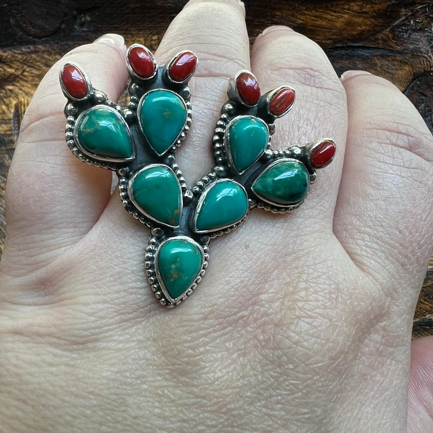 Sterling Kingman Turquoise Red Coral Cactus Ring Size 8 Statement Ring