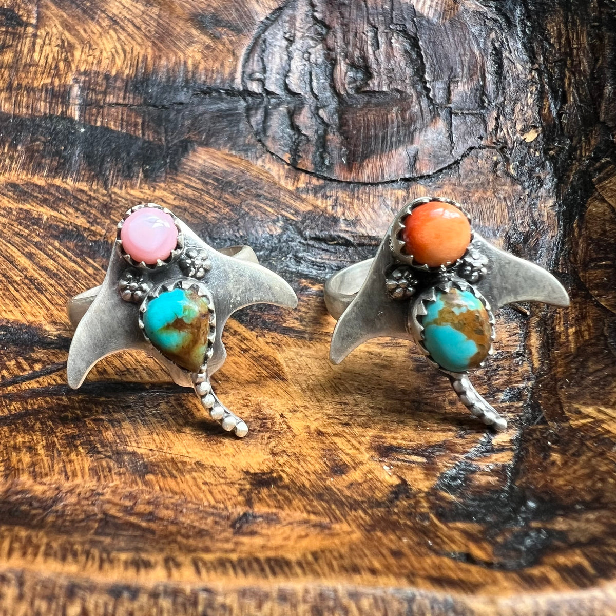 Sterling Silver Manta Ray Ring – Turquoise with Queen Conch or Spiny Oyster