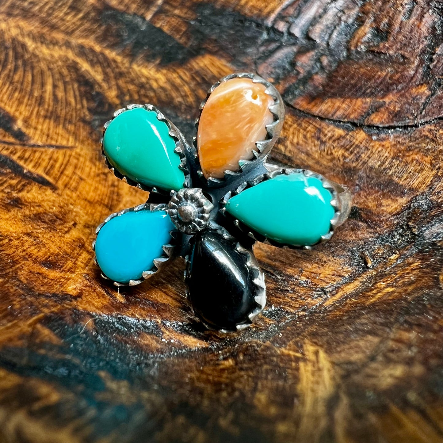 Sterling Silver Multi-Stone Flower Spinner Ring | Southwestern