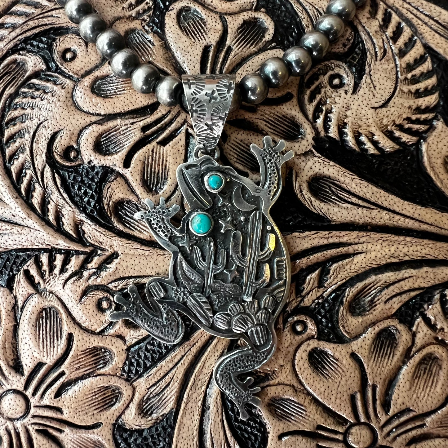 Storyteller Frog Pendant in Sterling Silver with Kingman Turquoise