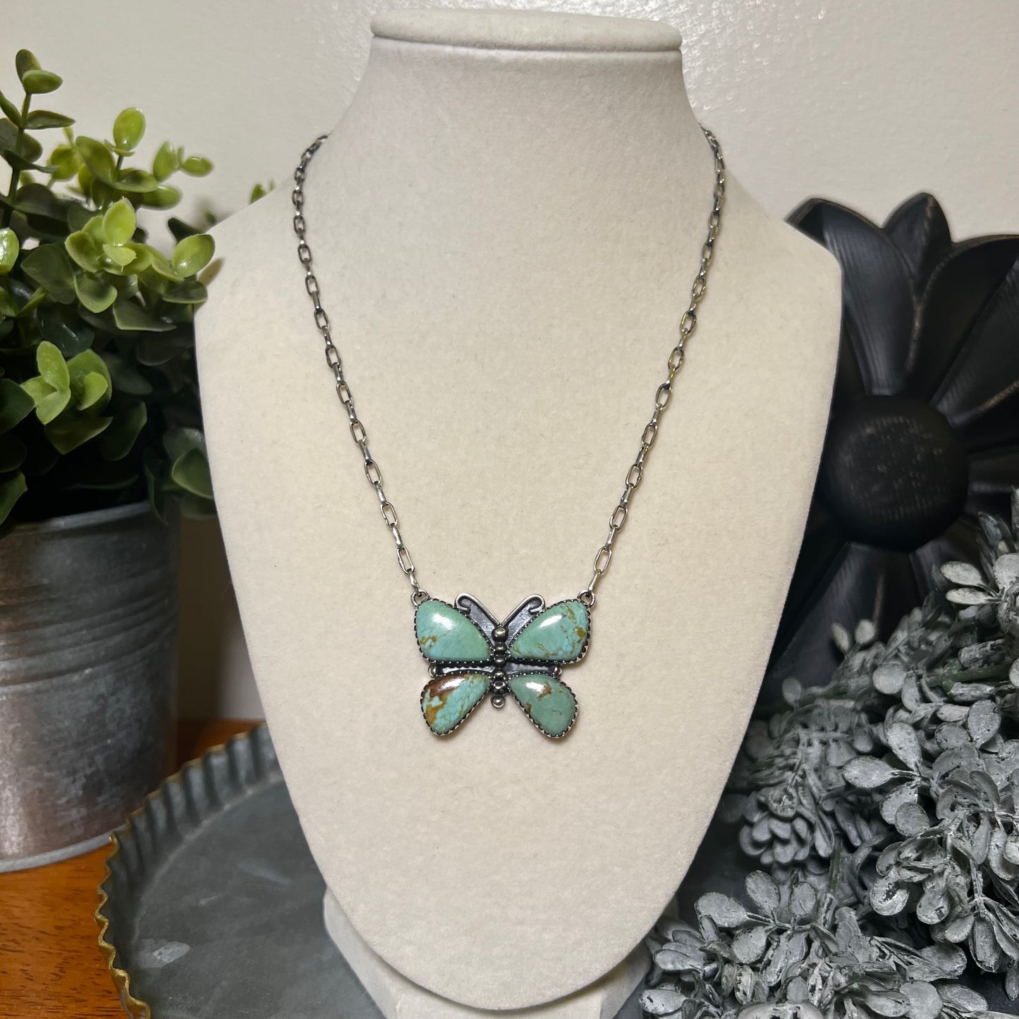 Kingman Turquoise Butterfly Necklace – Sterling Silver Paperclip Chain