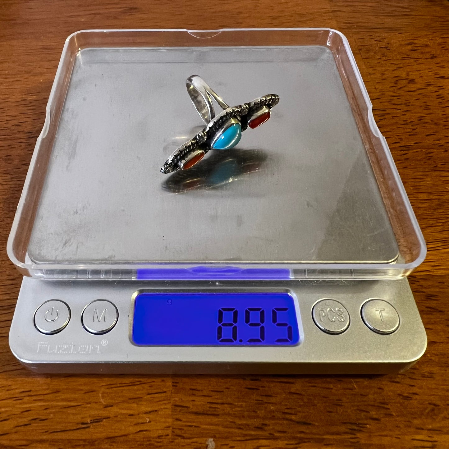 Sterling Kingman Turquoise Heart Italian Red Coral Ring Size 8