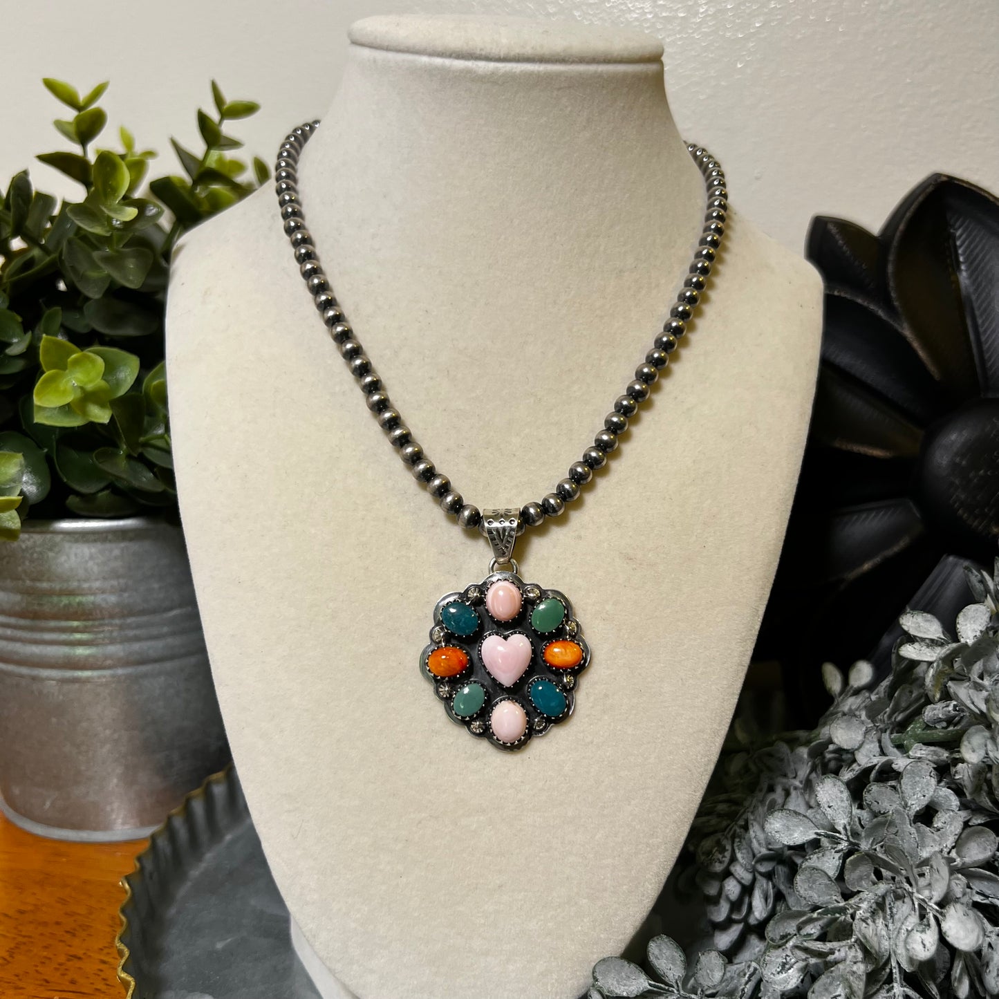 Queen Conch, Kingman Turquoise & Spiny Oyster Cluster Heart Pendant